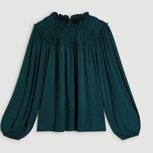 NWT ANN TAYLOR SMOCKED NECK TOP EMERALD TEAL XL